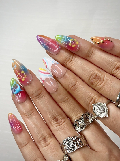 Midnight Sun Press On Nails for Y2K Lovers | Sunset Ombre Rainbow Nails with 3D Floral Art | 90s Nail Design | Artistic Press Ons | OB290HC