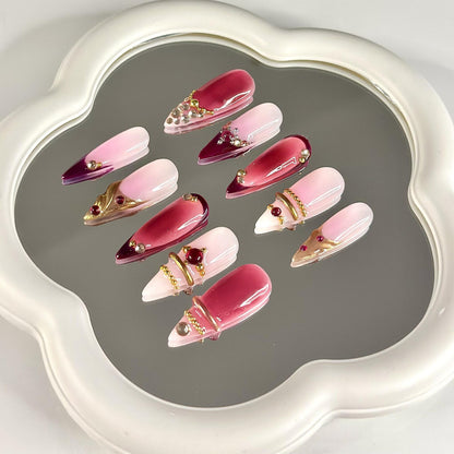 3D Gold Luxury Wine Red Press On Nails | Jelly Burgundy Ombre | Y2K Metallic Chrome Art | Statement Wedding Party | OB1351DG
