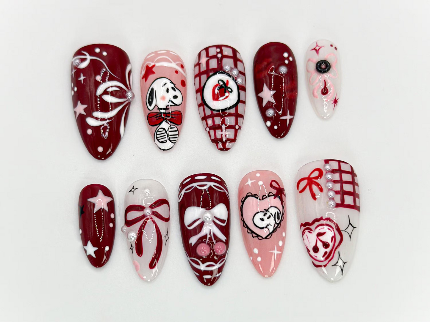 Snoopy-Inspired Red Press On Nails | Unique Hand-Painted Snoopy Design | Charming Stars and Bows Nail Set | Artistic Handmade Nail | JB566HK