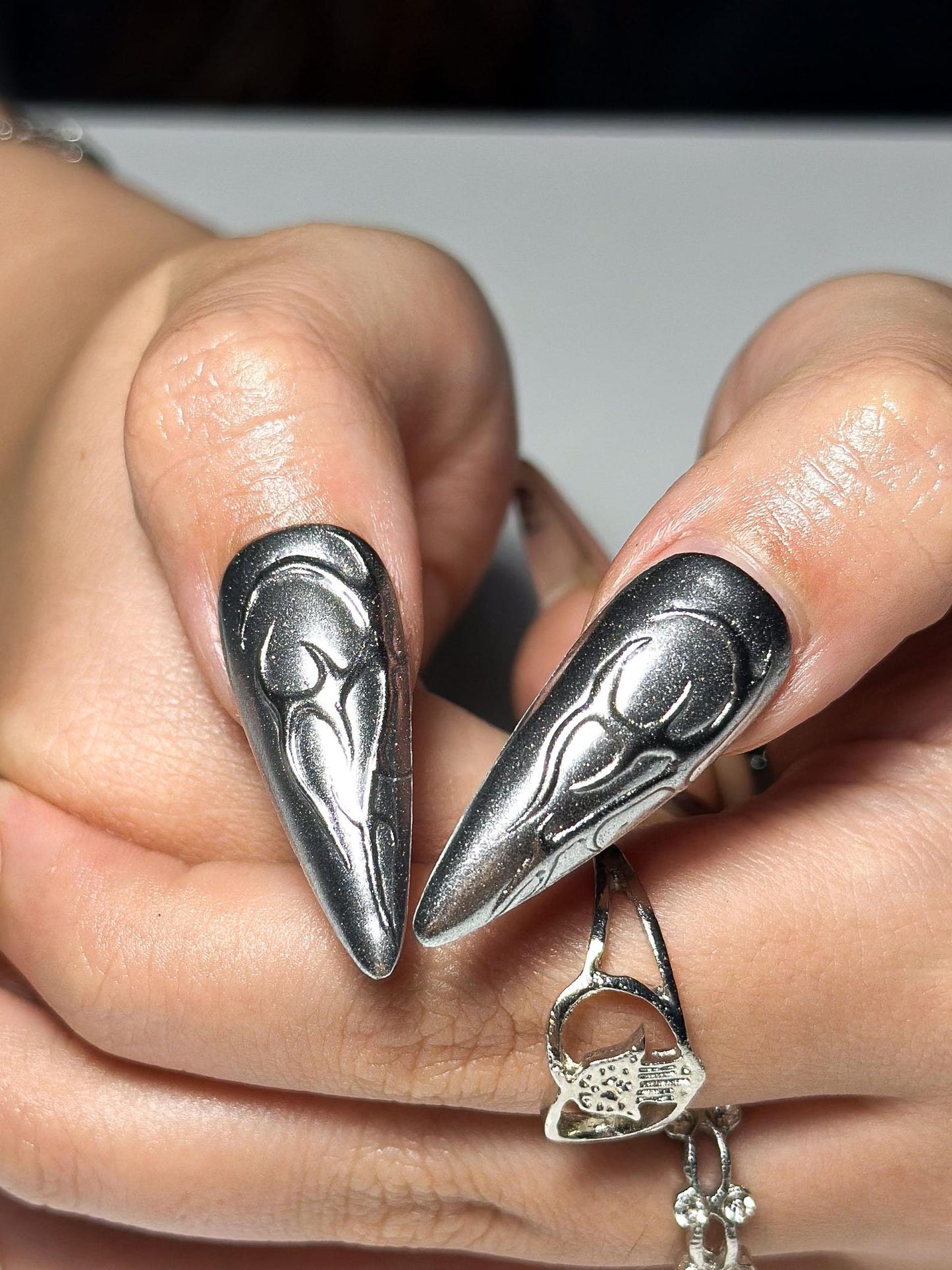 Gothic Chrome Stiletto Nails | 3D Liquid Metal Cross Press Ons | Cyberpunk Grunge Art | OB1330IB