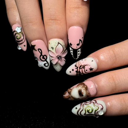 Cute Aesthetic Press On Nails | Kawaii Charm Nail Set | Y2K Inspired Handmade Nails | Pink Brown 3D Statement Nails | OB450UC