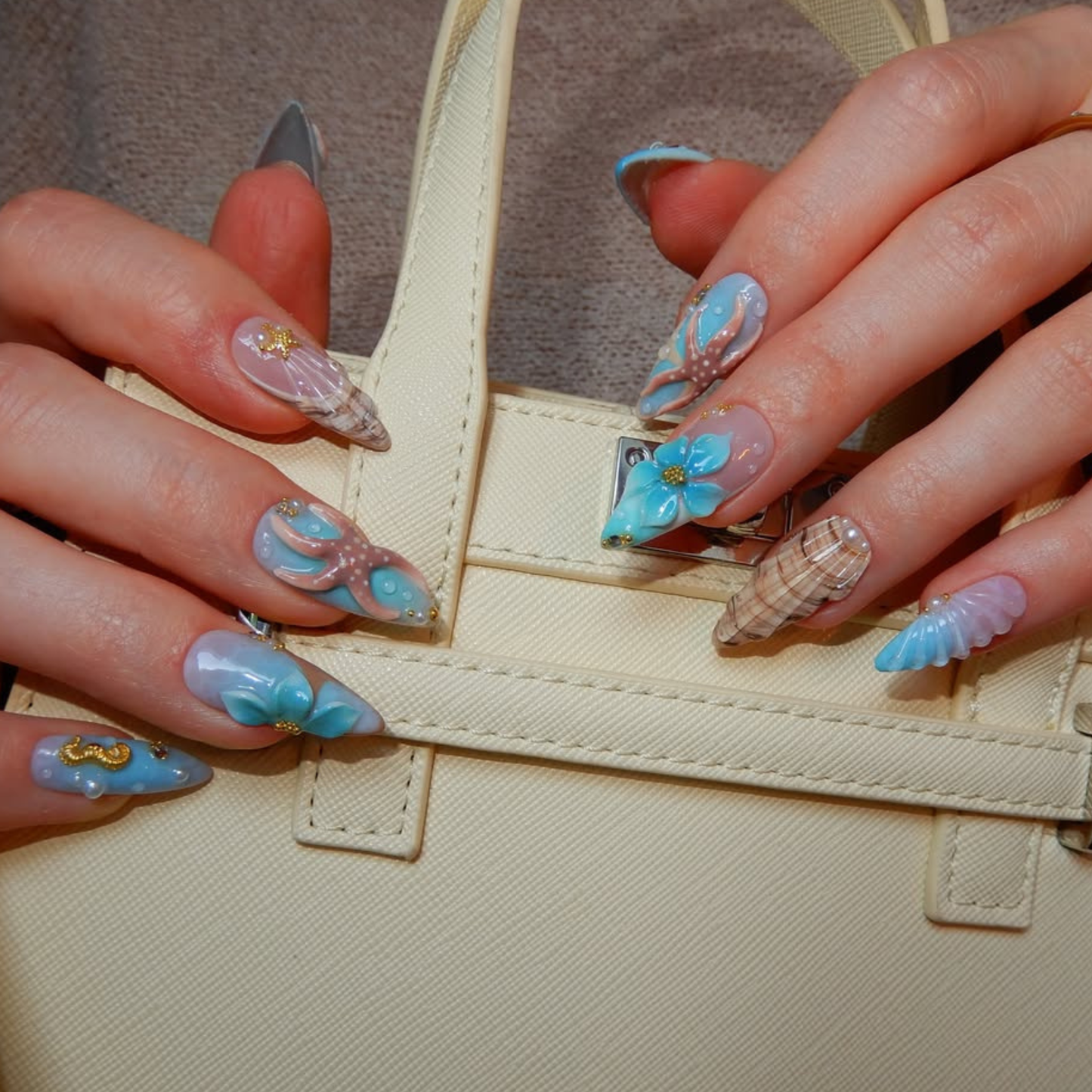 Summer Mermaid Press On Nails Long Almond • Beach Vacation Nails • 3D Seashell Starfish Ocean Fake Nails | OB4KL