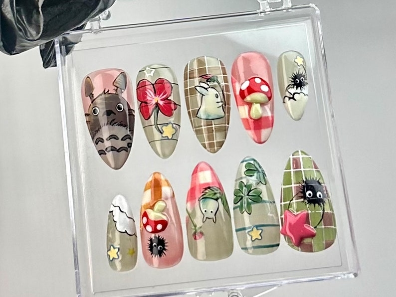 Studio Ghibli Inspired Almond Nails | Totoro & Nature Nail Art | Kawaii Ghibli Fake Nails | Studio Ghibli Theme False Nails | HB726YC