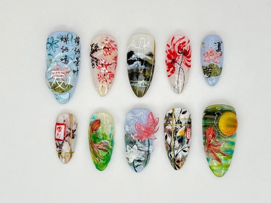 Japanese-Inspired Koi Fish Almond Nails | Asian-Inspired Scenic Fake Nails | Serene Waters Nail Art | Lotus and Bamboo Fake Nails | JB663YC