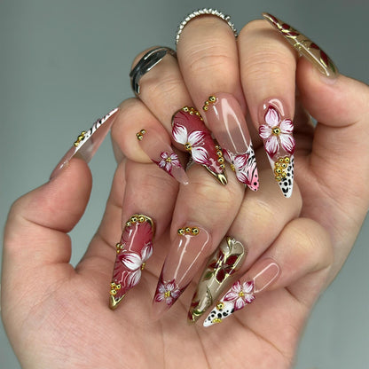 Burgundy Press On Nails Summer | Luxury Gyaru Stiletto Nails | 3D Flower Leopard Print Fake Nails | Dark Coquette Autumn Gift| OB409LK