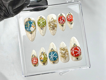 Festive Christmas Press On Nails | Holiday Charm Nail Art | Unique Snowman and Snowflake Acrylic Nails | Wonderland Nail Polish | HB629YV