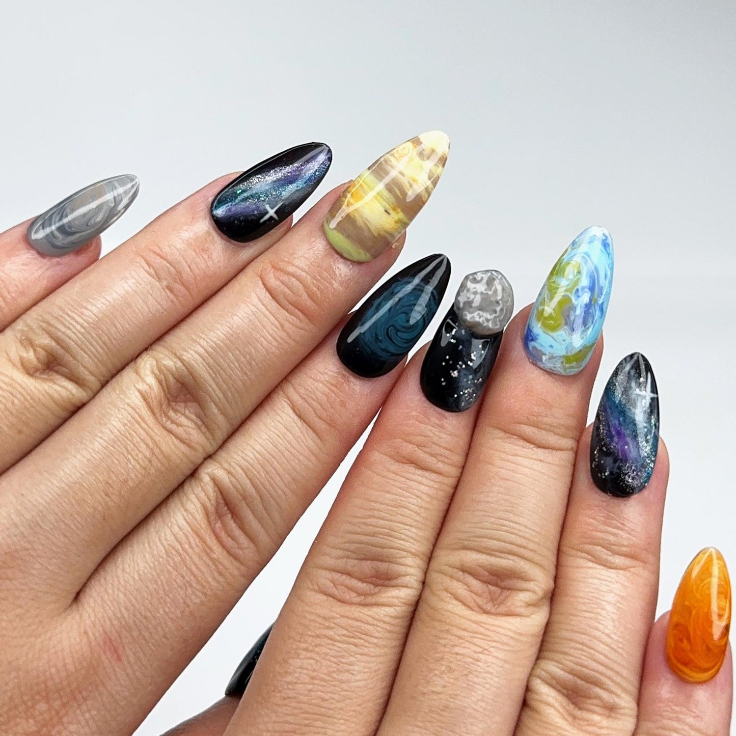 Solar System Almond Press On Nails | Handpainted Celestial Galaxy Fake Nails | OB401LK
