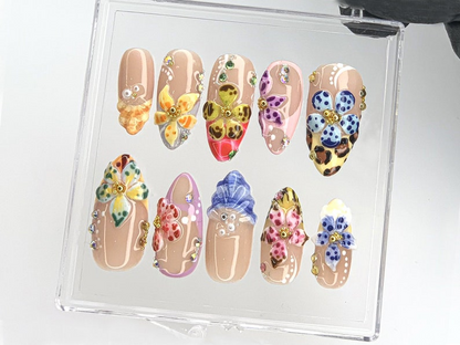 Tropical Bloom Press On Nails | Vibrant Orchid Fake Nails | Exotic Flower Acrylic Nails | Colorful Blossom Nail Art | Colorful | HB490YC