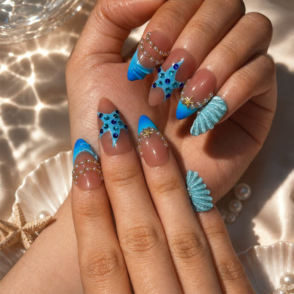 Summer Beach Press On Nails Almond • Vacation Holiday Nails • 3D Blue Starfish Pearl Seashell Tropical Ocean Handmade Fake Nails| OB422LC