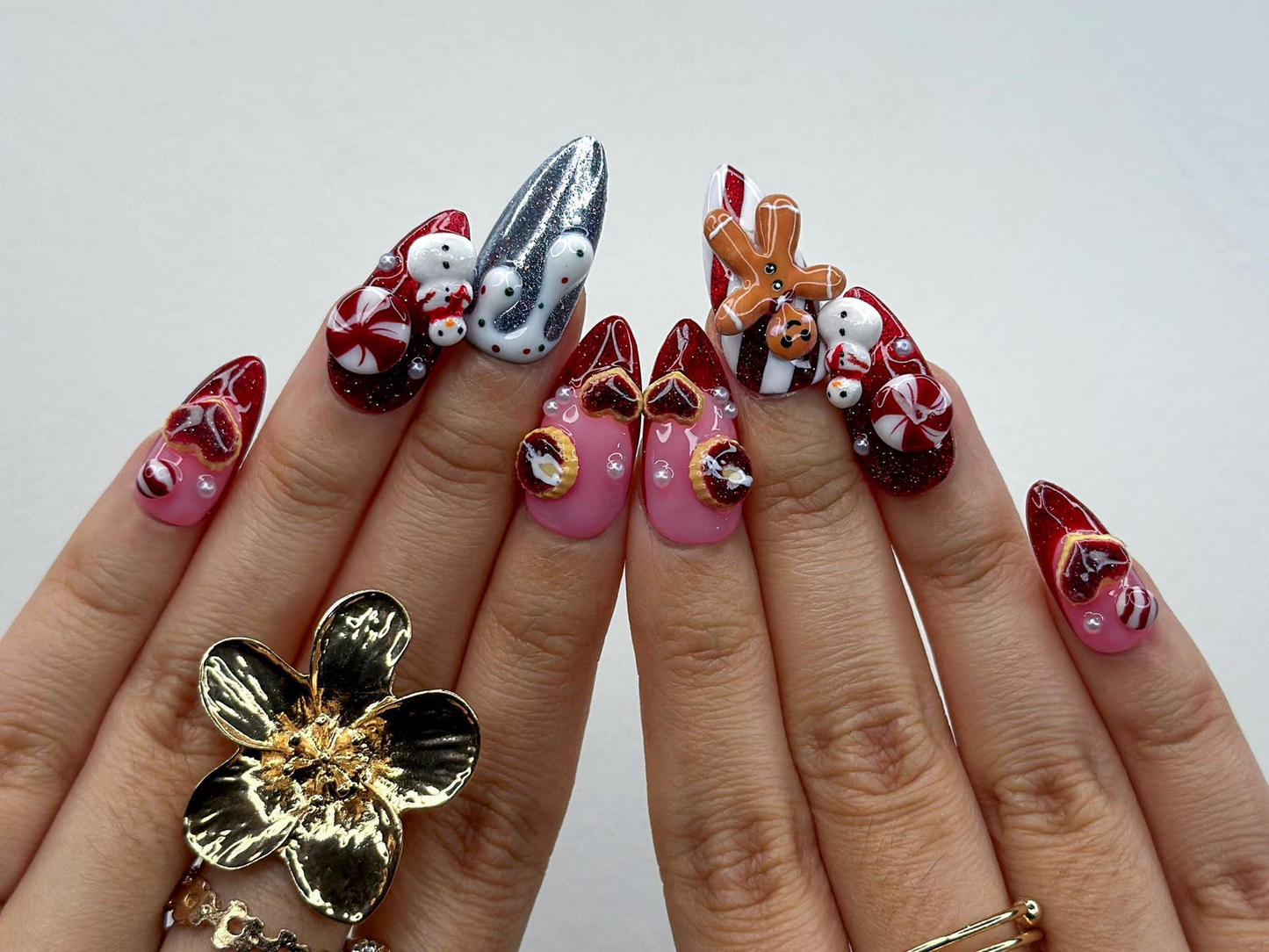 Gingerbread Red Christmas Press On Nails | 3D Christmas Cookie Nail | Peppermint & Snowman Holiday Nails| Red Glitter Festive Nails |JB216HC