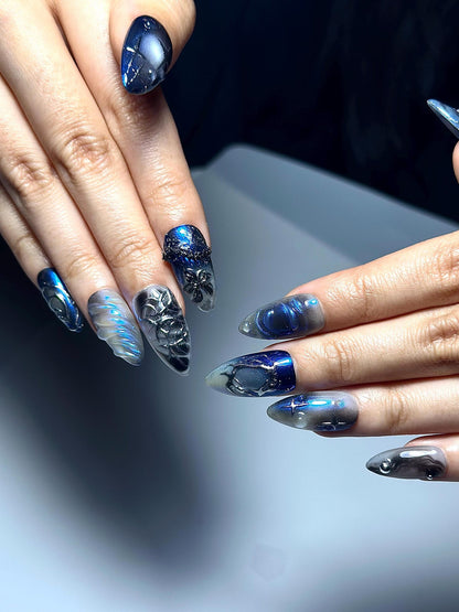 Galaxy Gothic Press On Nails | Dark Blue Chrome Cat Eye Nails | Celestial Star Night Nail Art | Handmade Cosmic Gel Nails | JB328IC