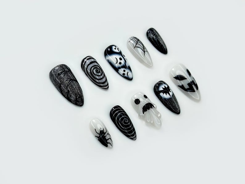 Press on nails for halloween| Black White Gothic Halloween Nails | 3D Ghost & Spider Design | Spooky Night Nail Art | JB197EC
