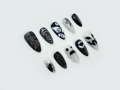Press on nails for halloween| Black White Gothic Halloween Nails | 3D Ghost & Spider Design | Spooky Night Nail Art | JB197EC