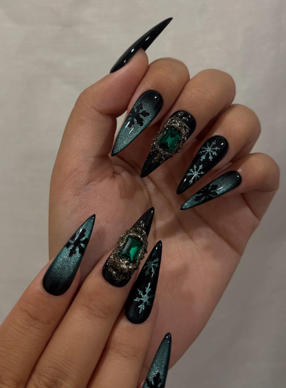 Emerald Snowflake Christmas Press On Nails | Black Green Winter Nails | Luxe Holiday Nail Art | Stiletto Press Ons | Winter Set | JB237HC