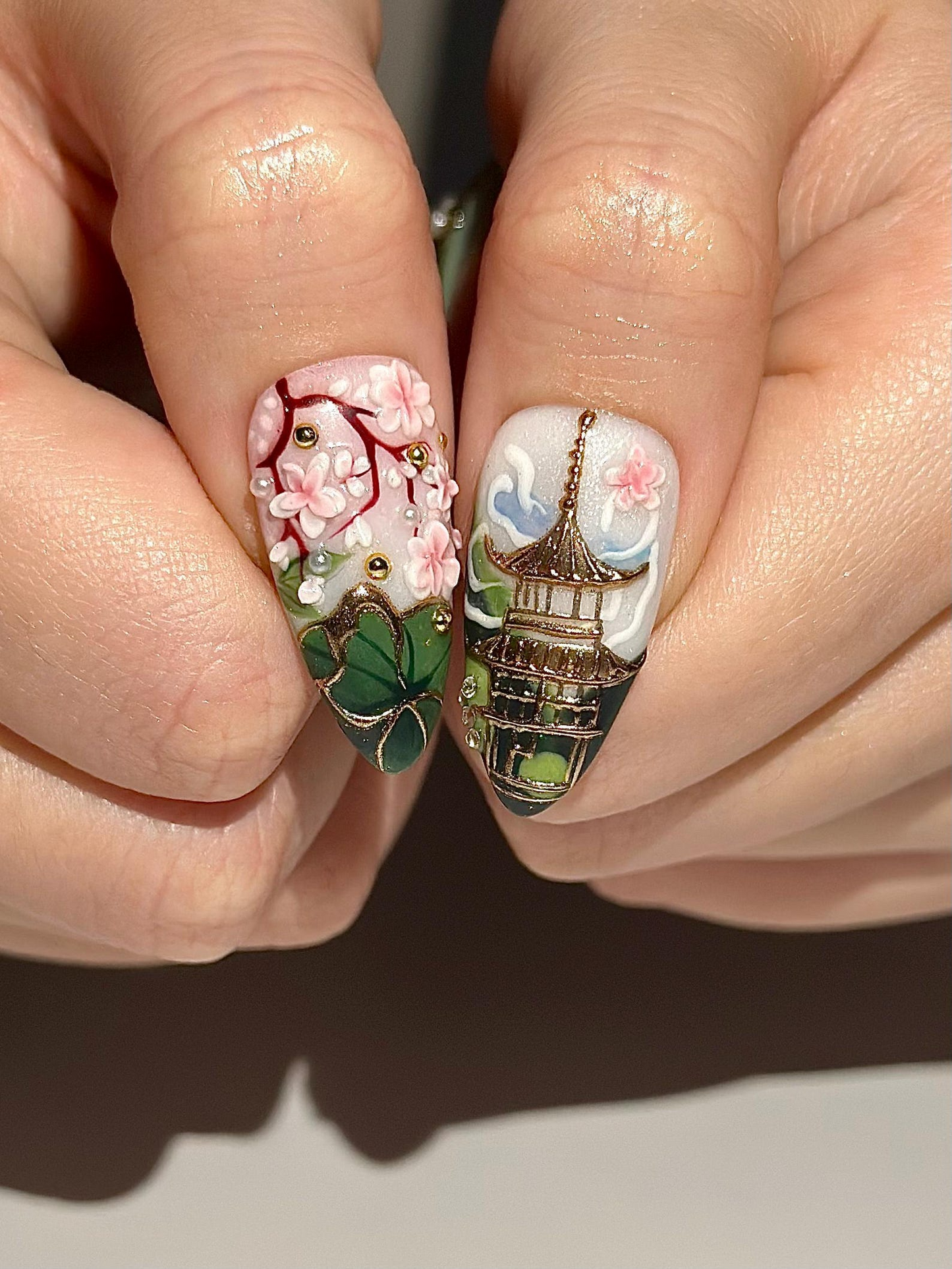 Asian Inspired Luxury Press On Nails | Jade Green Gold Floral Nails | Handpainted Pagoda Nail Art | Elegant Statement Press Ons | JB309HC