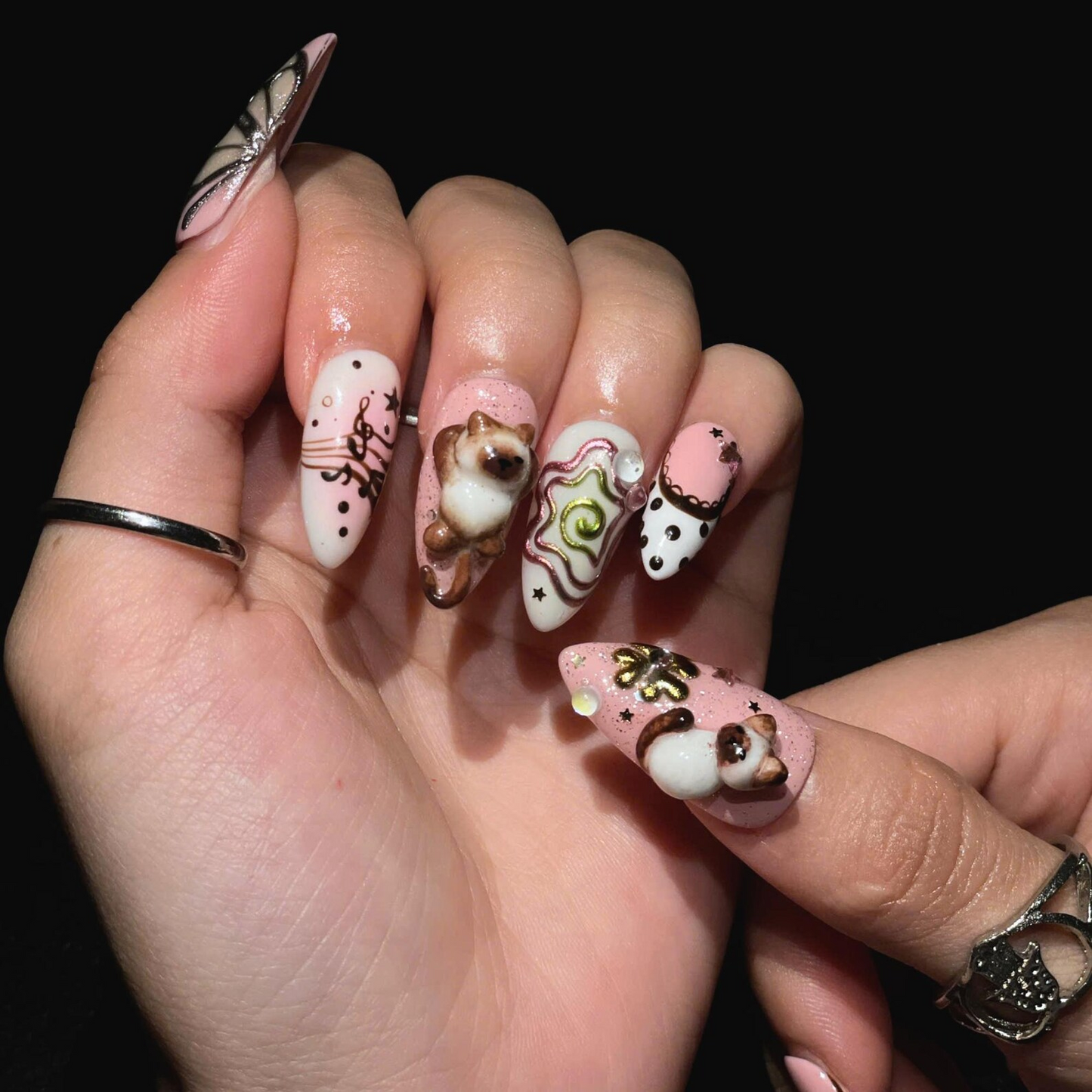 Cute Aesthetic Press On Nails | Kawaii Charm Nail Set | Y2K Inspired Handmade Nails | Pink Brown 3D Statement Nails | OB450UC