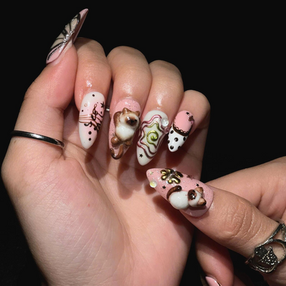 Cute Aesthetic Press On Nails | Kawaii Charm Nail Set | Y2K Inspired Handmade Nails | Pink Brown 3D Statement Nails | OB450UC