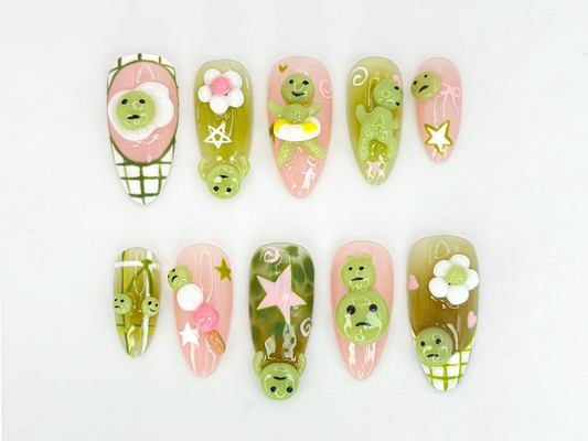 Kawaii Smiski-Inspired Press On Nails | Smiski-Inspired 3D Nails with Pink and Green Accents | Playful Smiski and Star Nail Set | JB640HK