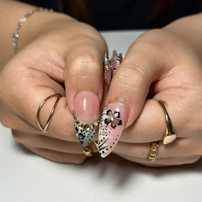 Nude Pink Press On Nails with Black Floral and Gold Charm | 3D Elegant Nails in Almond Shape | Handmade Nails for Party, Wedding | JC333NC