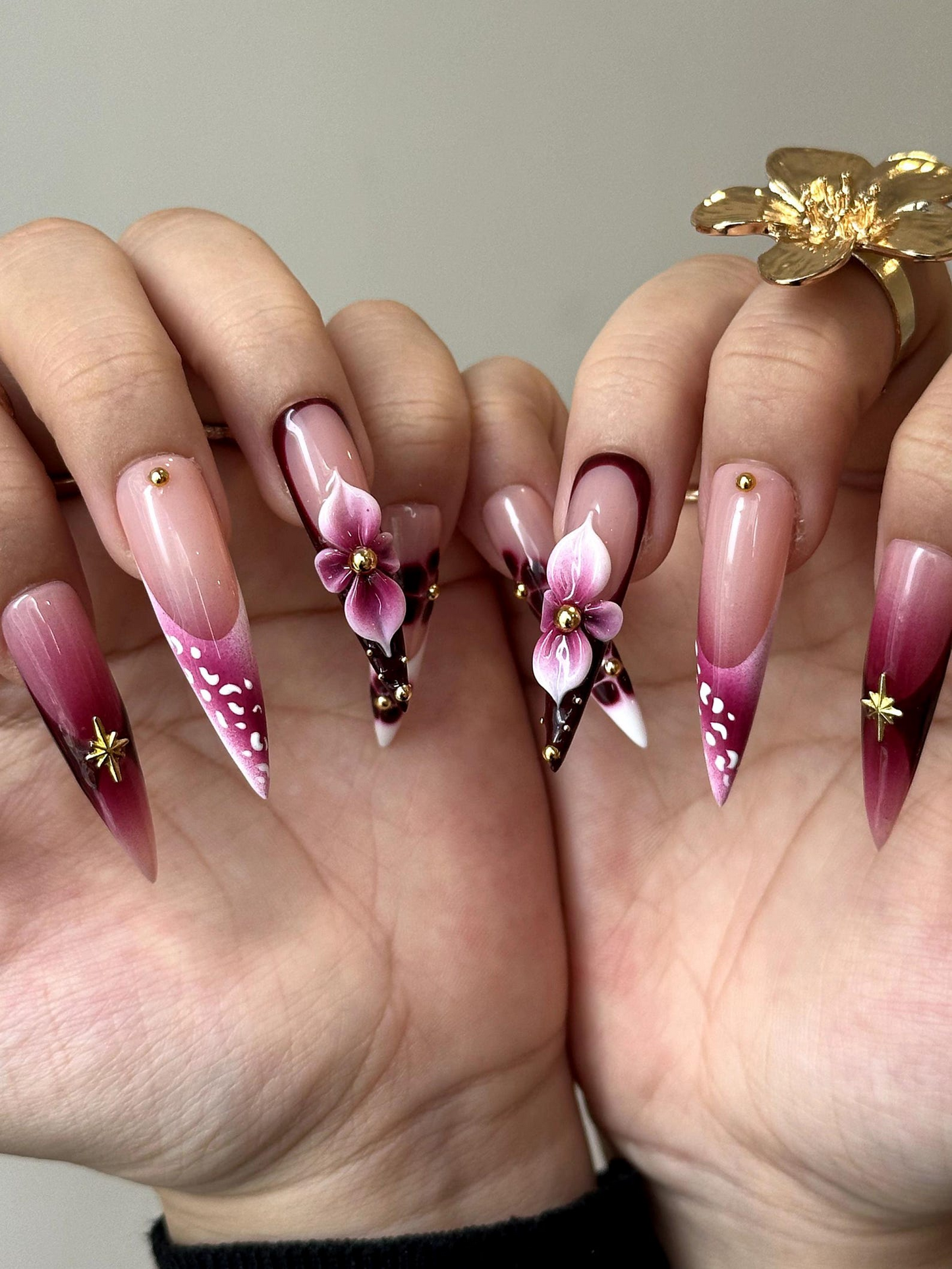 Elegant Floral Press On Nails | 3D Floral Ombre Nails | Burgundy & Pink Gradient Nail Art | Luxury Handmade Press Ons | DC881HC