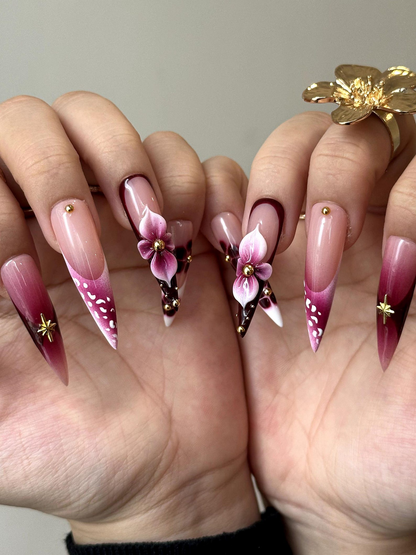 Elegant Floral Press On Nails | 3D Floral Ombre Nails | Burgundy & Pink Gradient Nail Art | Luxury Handmade Press Ons | DC881HC