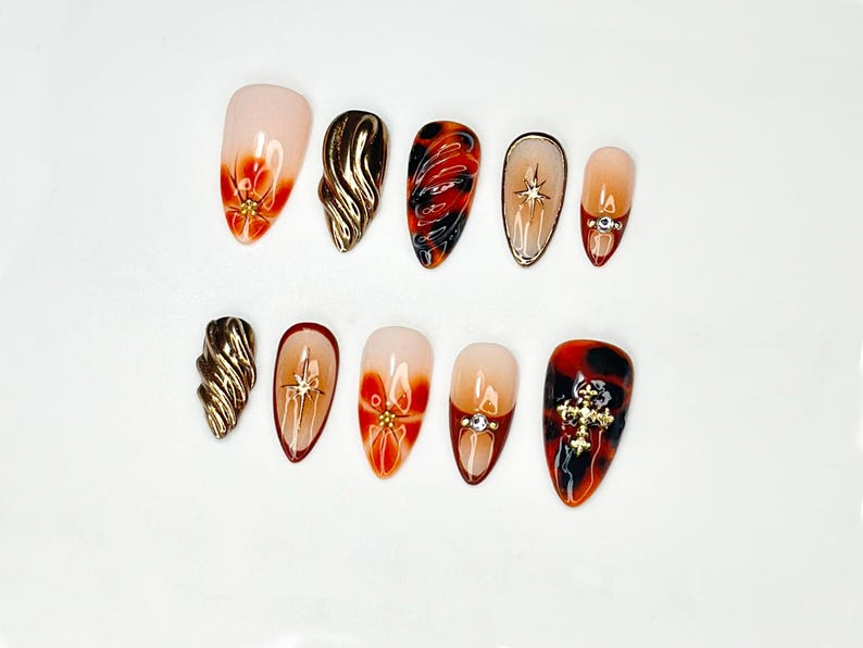 Gold Flame Press On Nails | Red Marble Tortoise Shell & Molten Swirl Nails | Handmade 3D Fire Nail Art | Luxury Gothic Nail Set | JB101LC
