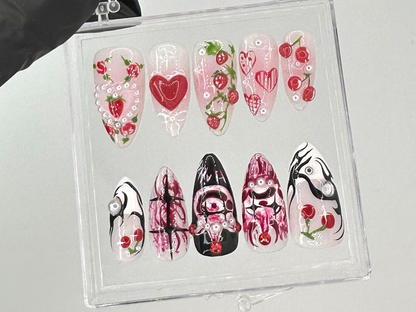 Strawberry Love Gothic Almond Nails | Bold Gothic & Sweet Flora Fake Nails | Artistic 3D Nail Art | Valentine’s Day Fake Nails | HB717YK