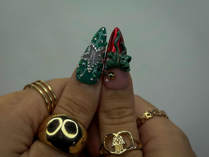 Luxe Ornament Christmas Press On Nails | 3D Holiday Nail Art | Red & Green Chrome Nails | Rhinestone Design | Festive Press Ons | JB214HC