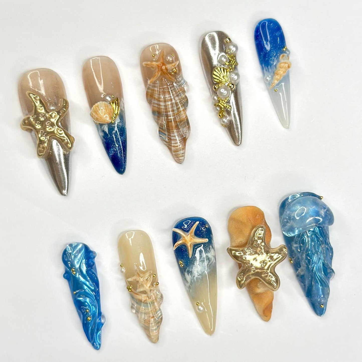 3D Starfish & Jellyfish Ocean Nails | Gold Silver Metallic Chrome | Blue Beach Wave Press On | Coquette Pearl Summer Art | OB1348D
