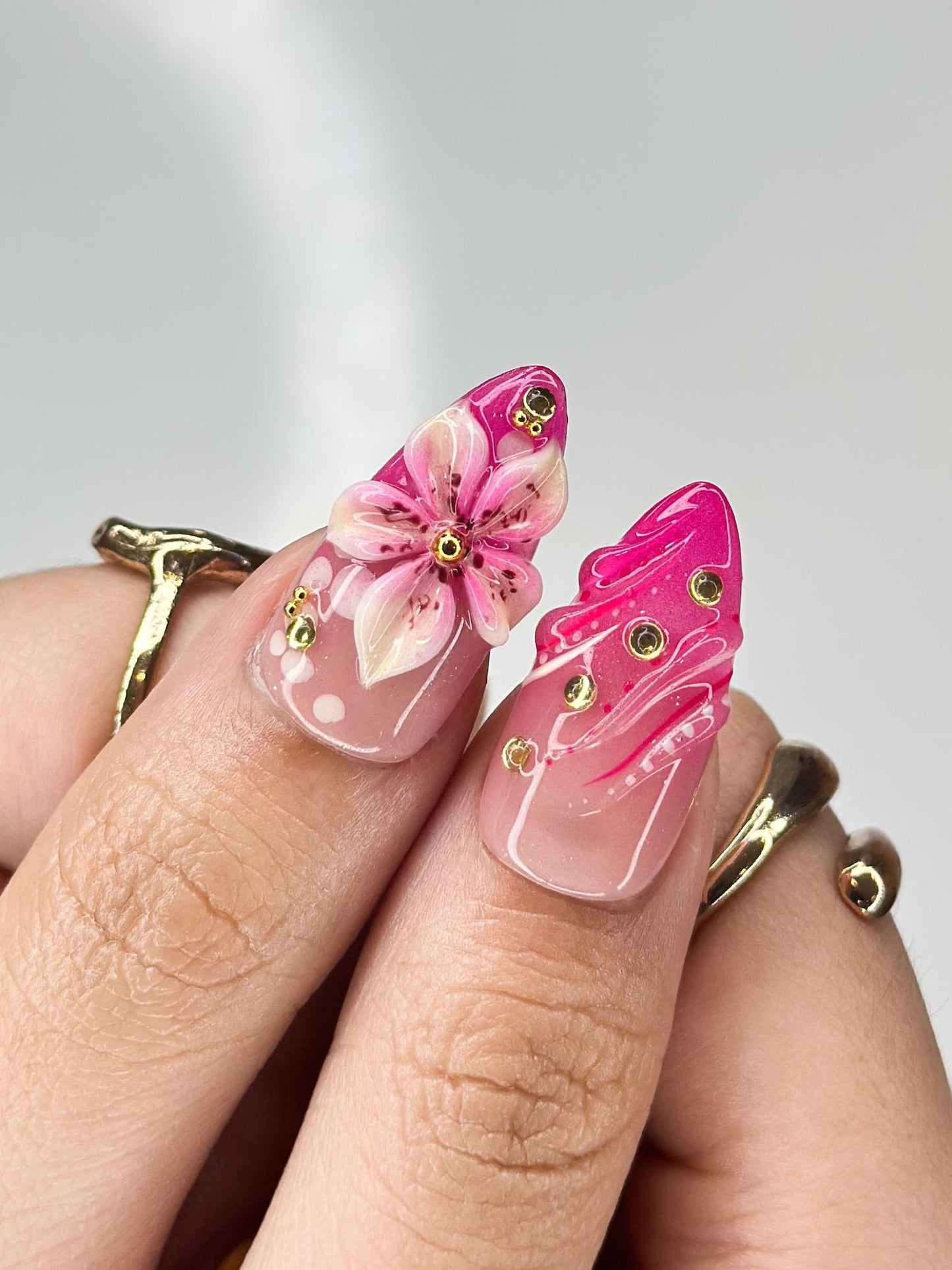 Summer Citrus & Dragon Fruit Nails | Pink Lily n Orange Slice Press Ons | Luxury Tropical Lemon Fruit Stiletto Art | OB376IC