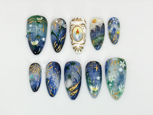 Handcrafted Galaxy Press On Nails | Blue and Gold Star Nails | Mystical Cosmic Nail Art | Galaxy-Inspired Luxury Nails | Dreamy Nail|JB579HK