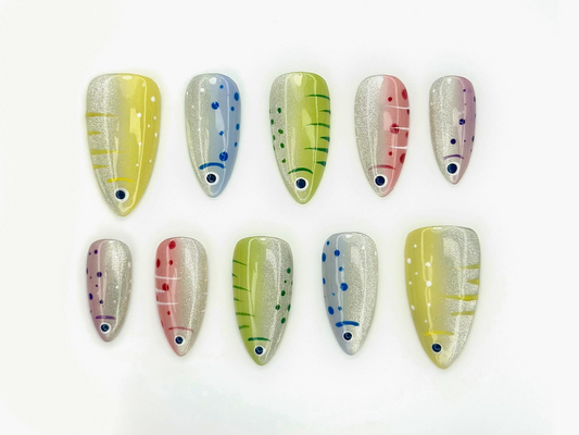 Shimmering Tropical Fish Press On Nails | Colorful Ocean-Inspired Nail Art | Silver Glitter Base with Vibrant Fish Details | HB1044EC