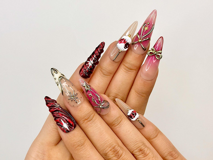 Elegant Christmas Press On Nails | Holiday Chrome Nail Art | Winter Festival Nails | Red Gold Bow Design | Handmade Gift for Her | JB1190BK