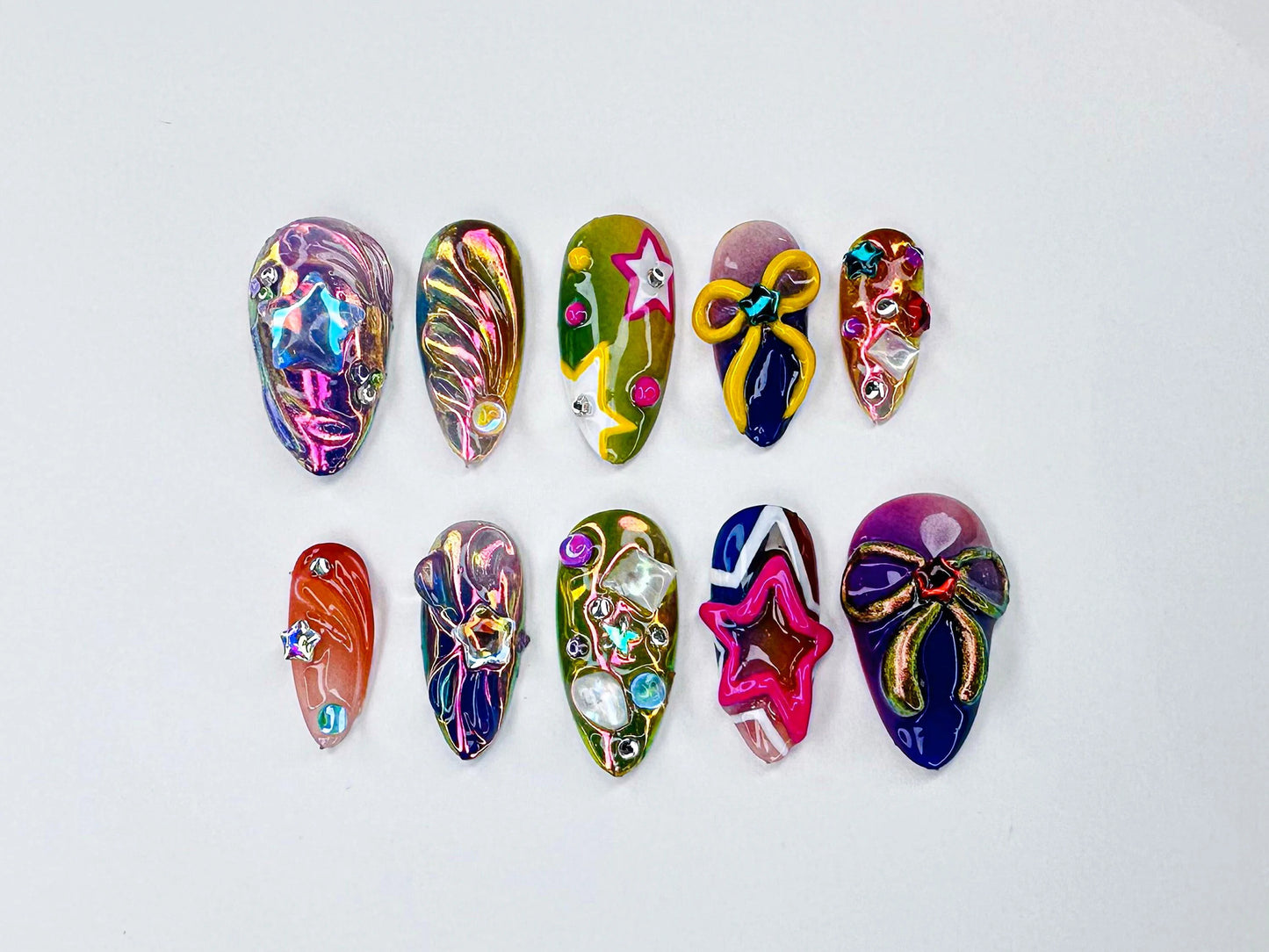 Whimsical Artisan Press-On Nails | Eccentric Multi-Color Fake Nails | Luxury Custom Acrylic Nails | Dazzling Hand-Painted Nail Art | JB501YC