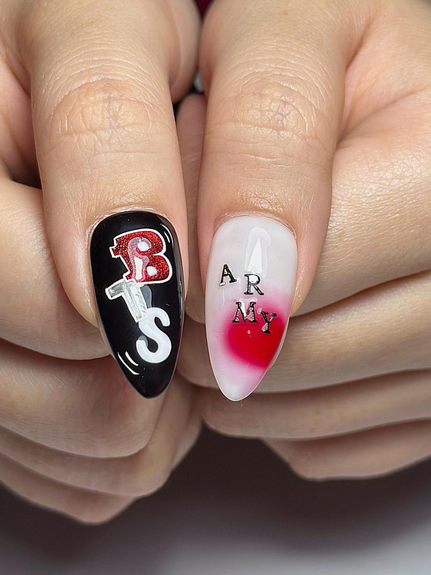 Red Black Kpop Press On Nails | Kpop Inspired Nail Art | Concert Aesthetic Almond Nails | Edgy Graphic Press Ons | Kpop Fan Nails | OB384HC
