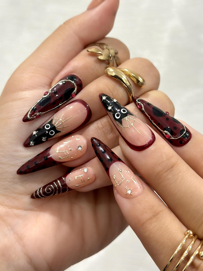 Gothic Ruby Witch Press On Nails | Red Black Sorcery Nail Art | 3D Ring Accents & Mystic Symbols | Luxury Dark Glam Set | HB1202EC
