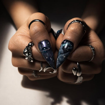 Galaxy Space Press On Nails Long Stiletto • 3D Planet Art • Nebula Milky Way Handpainted Stars • Festival Rave Party • OB1362DG