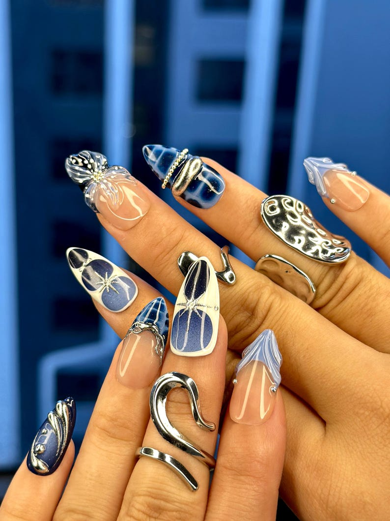 Winter Midnight Spark Press On Nails | Blue Chrome Nail Art | Silver Star 3D Nails | Elegant Winter Press Ons | JB214EC