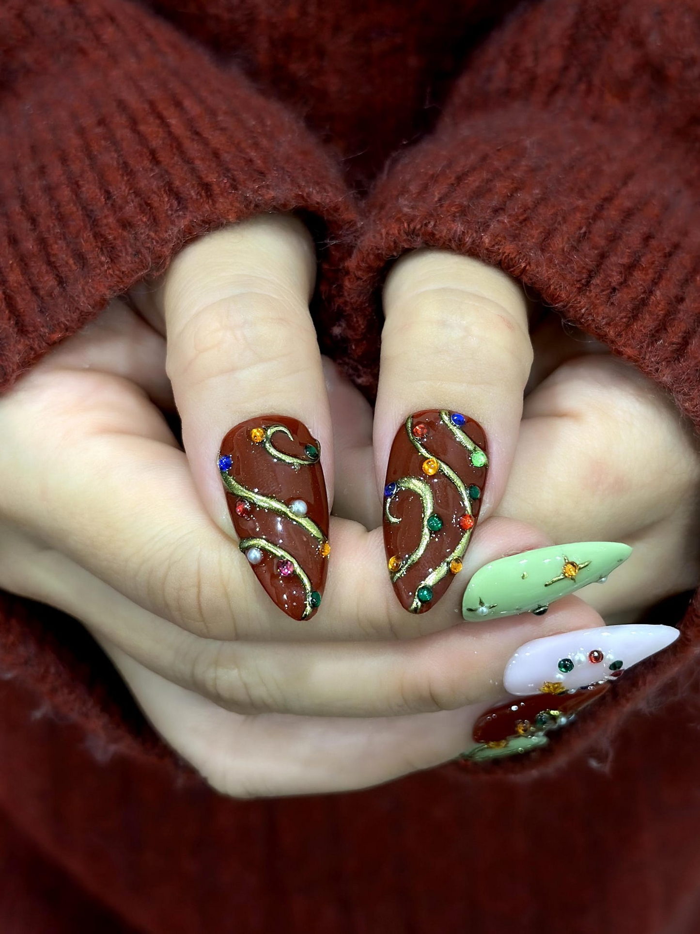 Candy Light Christmas Press On Nails | Red Green Holiday Nail Art | 3D Star & Ornament Nail Art | Festive Winter Nail Set | HB1211EK