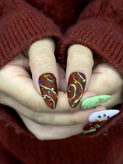 Candy Light Christmas Press On Nails | Red Green Holiday Nail Art | 3D Star & Ornament Nail Art | Festive Winter Nail Set | HB1211EK