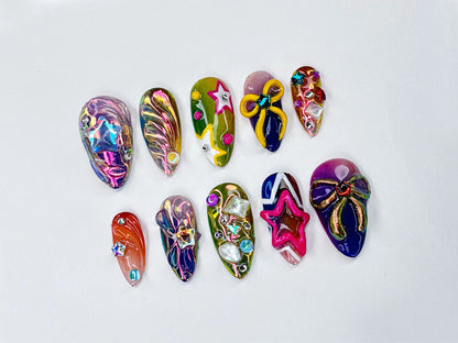 Whimsical Artisan Press-On Nails | Eccentric Multi-Color Fake Nails | Luxury Custom Acrylic Nails | Dazzling Hand-Painted Nail Art | JB501YC