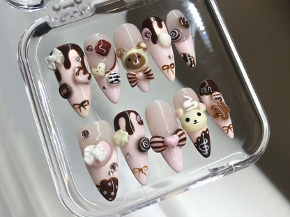 Cute Dessert Press On Nails | 3D Sweets And Bear Designs with Bow Fake Nails | 3D Chocolate, Candy Acrylic Nails | Kawaii Nails | HB549Y