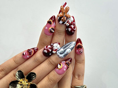 Gingerbread Red Christmas Press On Nails | 3D Christmas Cookie Nail | Peppermint & Snowman Holiday Nails| Red Glitter Festive Nails |JB216HC