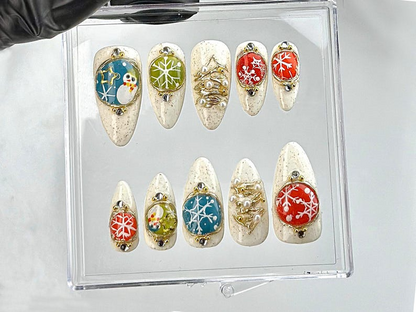Festive Christmas Press On Nails | Holiday Charm Nail Art | Unique Snowman and Snowflake Acrylic Nails | Wonderland Nail Polish | HB629YV