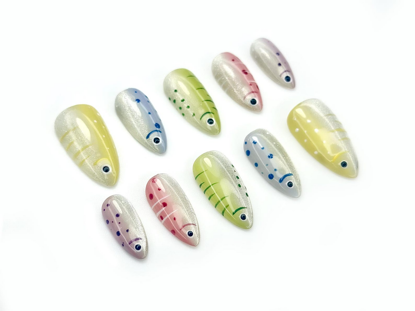 Shimmering Tropical Fish Press On Nails | Colorful Ocean-Inspired Nail Art | Silver Glitter Base with Vibrant Fish Details | HB1044EC