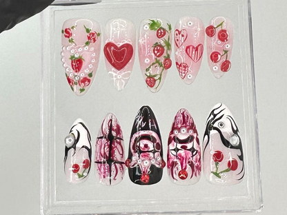 Strawberry Love Gothic Almond Nails | Bold Gothic & Sweet Flora Fake Nails | Artistic 3D Nail Art | Valentine’s Day Fake Nails | HB717YK