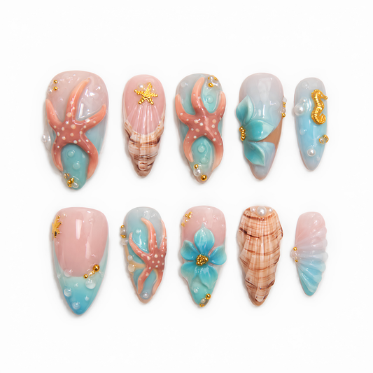 Summer Mermaid Press On Nails Long Almond • Beach Vacation Nails • 3D Seashell Starfish Ocean Fake Nails | OB4KL
