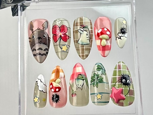 Studio Ghibli Inspired Almond Nails | Totoro & Nature Nail Art | Kawaii Ghibli Fake Nails | Studio Ghibli Theme False Nails | HB726YC