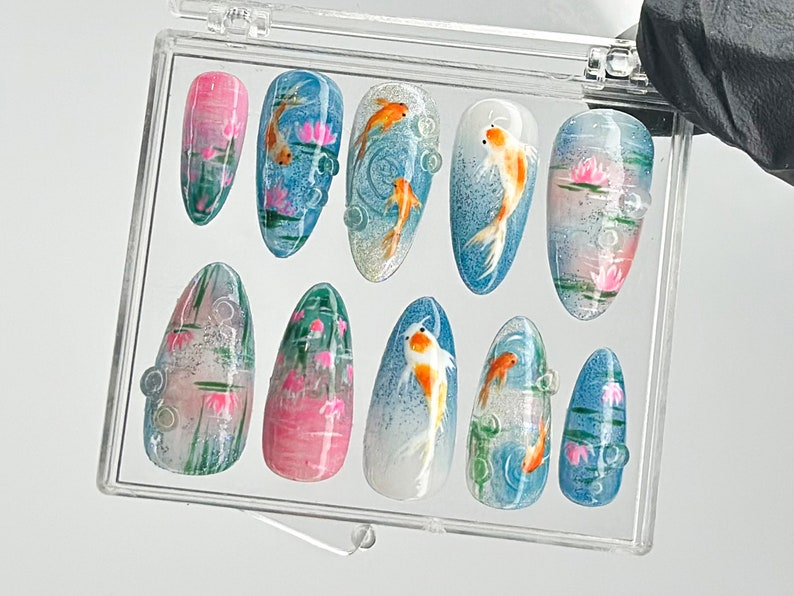 Ocean-Inspired Press On Nails | Hand-Painted Koi Fish Press On Nails | Floral Lotus Nail Art | Ocean Nails | Summer Press On nails | HB432TL