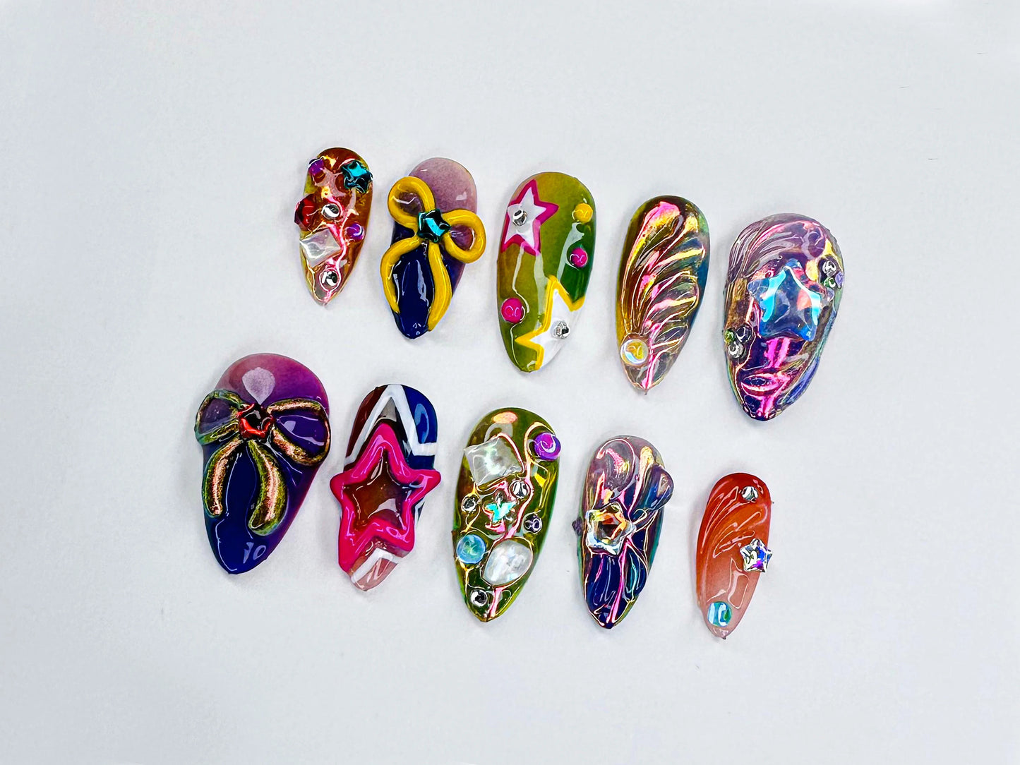 Whimsical Artisan Press-On Nails | Eccentric Multi-Color Fake Nails | Luxury Custom Acrylic Nails | Dazzling Hand-Painted Nail Art | JB501YC